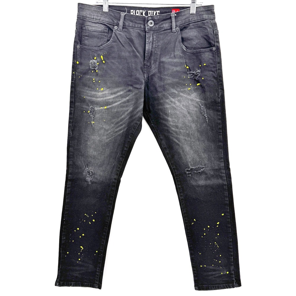 Black Pike Men's‎ 34x32 Slim Fit Black Distressed Denim Neon Splatter Streetwear